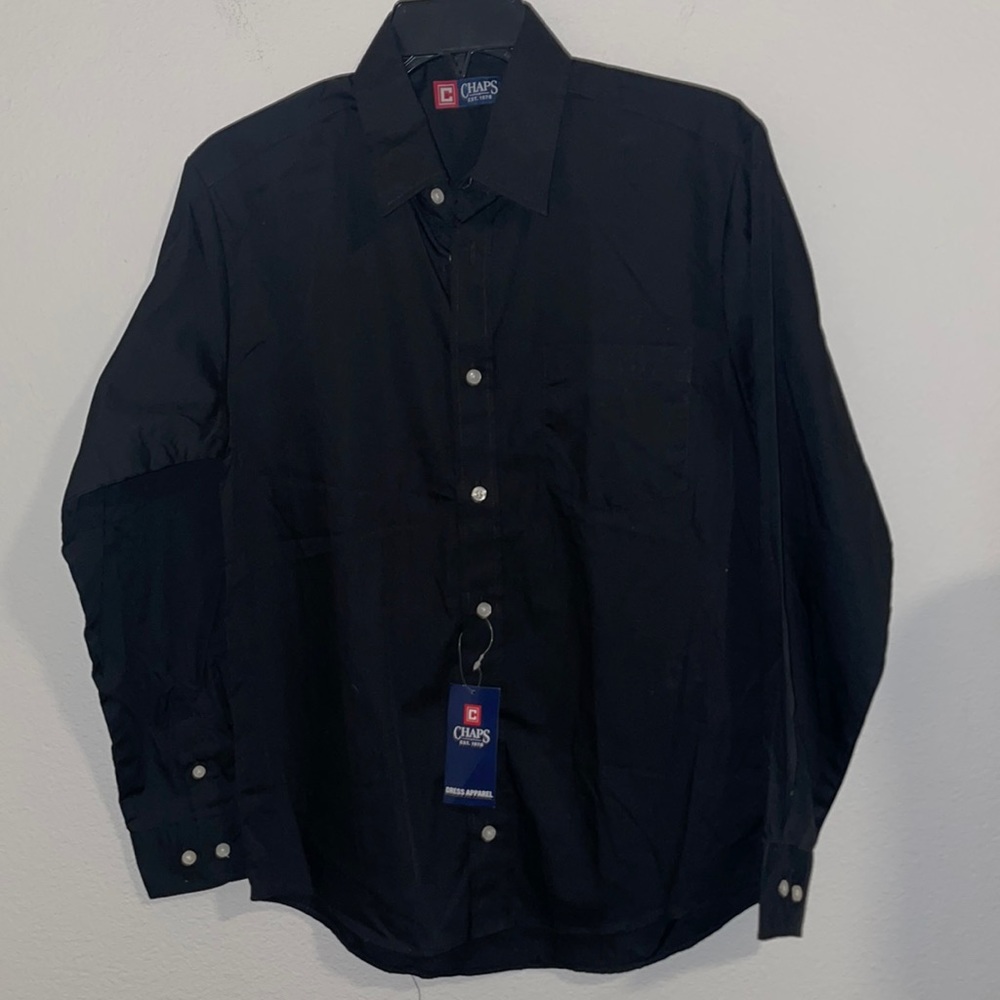 Chaps young man black button down shirt long sleeves, size 16